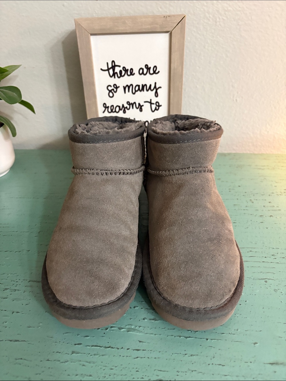 Wos Gray Suede Cozy Ugg Booties - Plush Lining